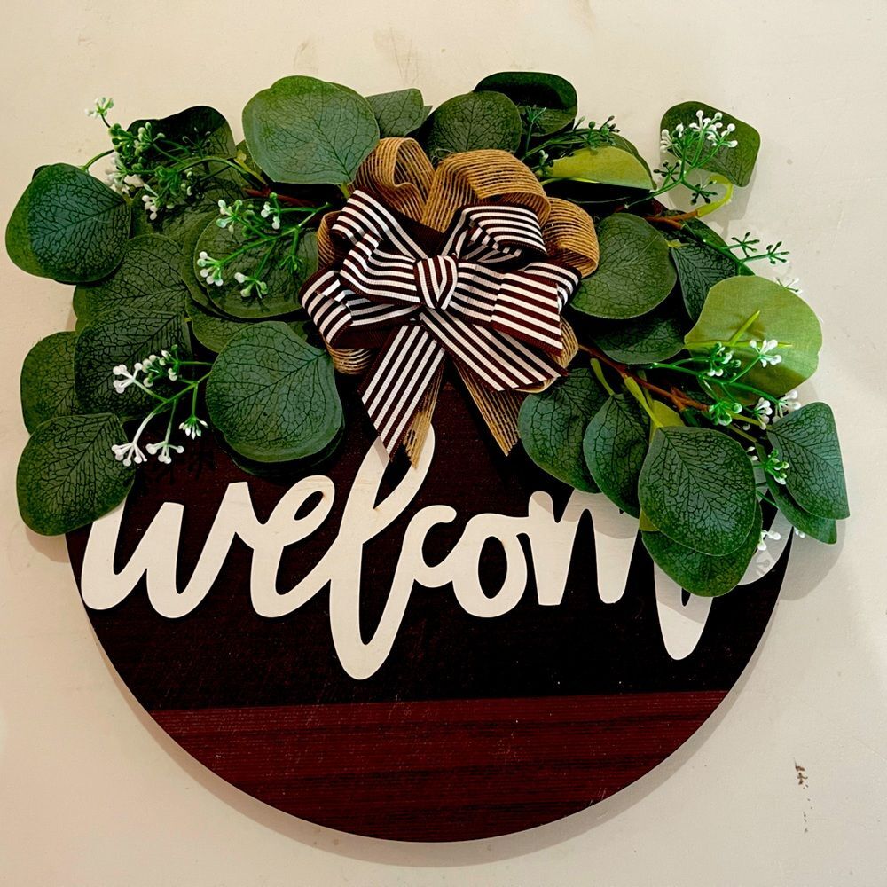 New 12 “ welcome sign #2 wall decor with artificial flowers for home office